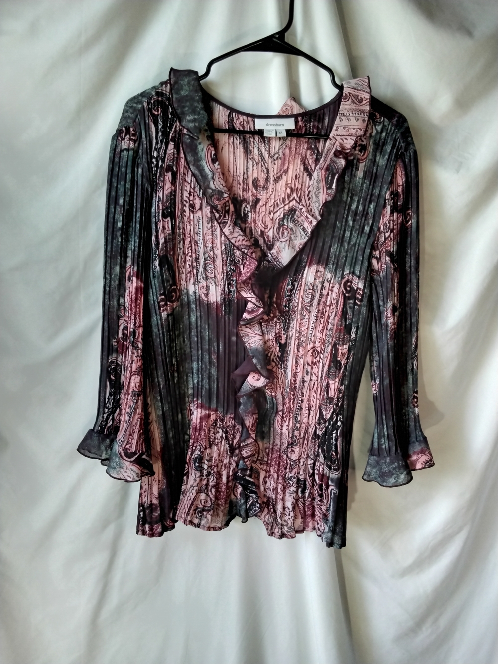 Dress Barn Pink and Black Ruffled Button-Front Blouse